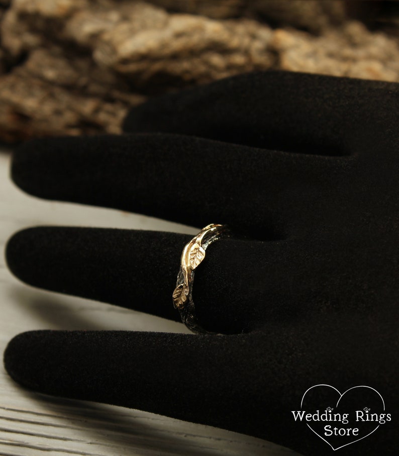 Cute Silver Branch & Gold Leaves Wedding Ring