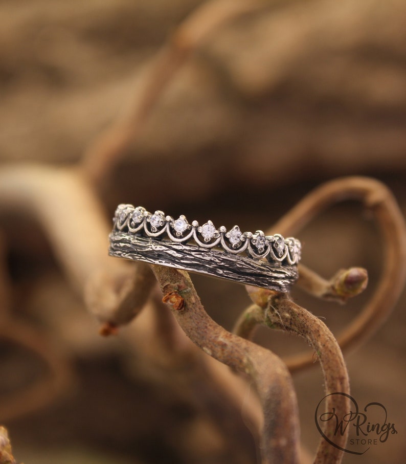 Princess Crown Wedding Ring with Gems & Twig Silver Band