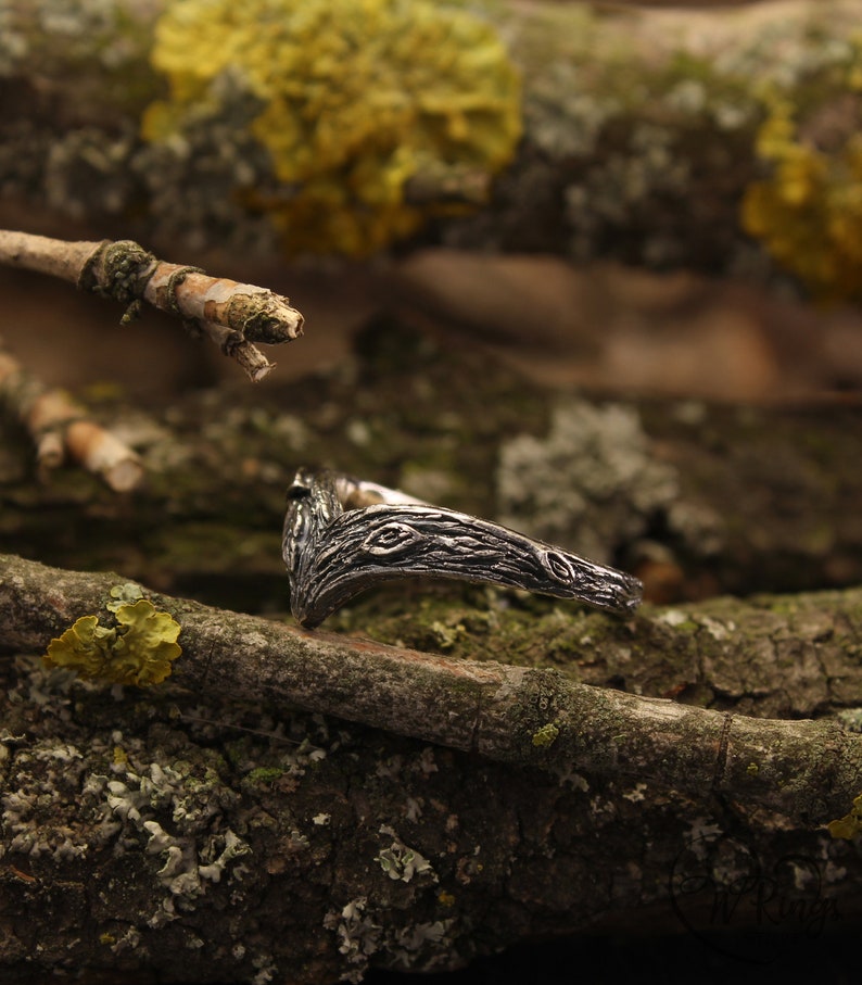 Two Leaves on Forest Tree Chevron Silver Ring