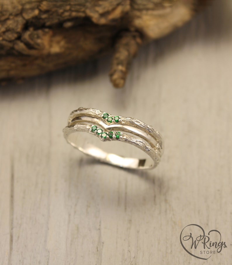 Silver Chevron Wedding Ring with Cute Tiny Emeralds