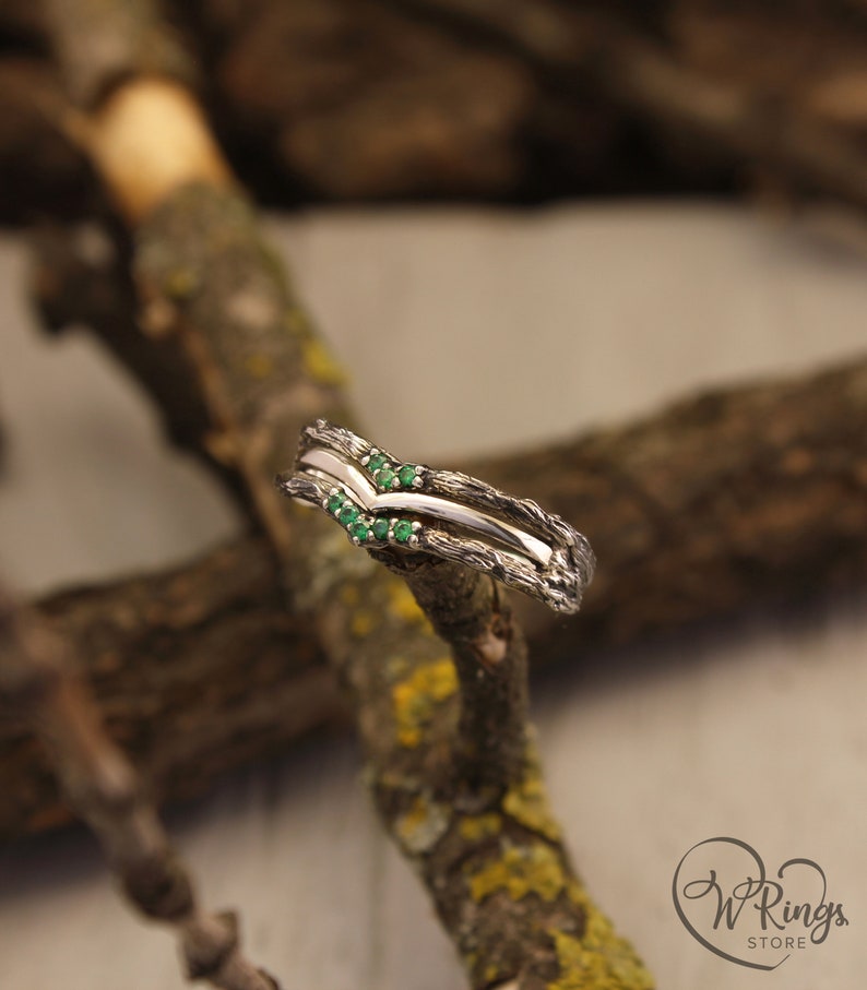 Silver Chevron Wedding Ring with Cute Tiny Emeralds