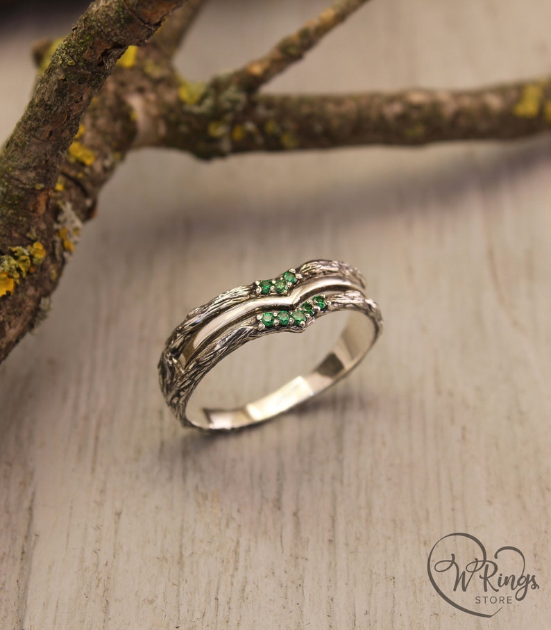 Silver Chevron Wedding Ring with Cute Tiny Emeralds