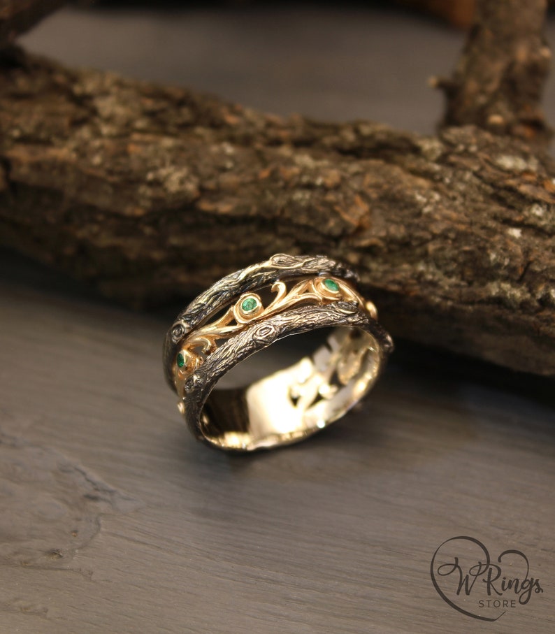 Emeralds in Vines & Tree bark Vintage Style Ring in Mixed metals