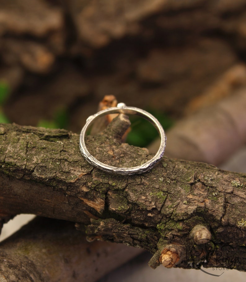 Extra Tiny Silver Branch Wedding Band with Emerald