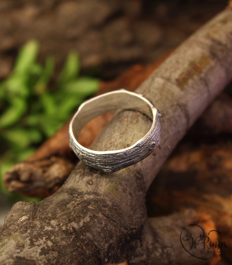 Rustic Style Silver Branch Ring band & Emeralds in Leaves