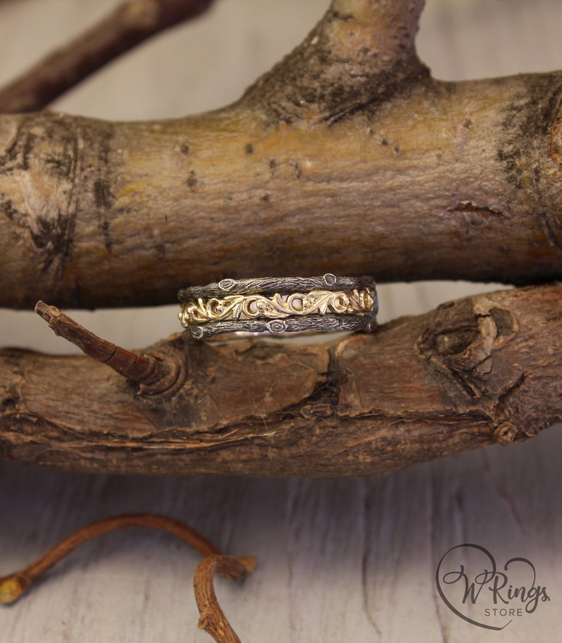 Gold Vine and Silver Tree bark Wedding Band in Vintage style