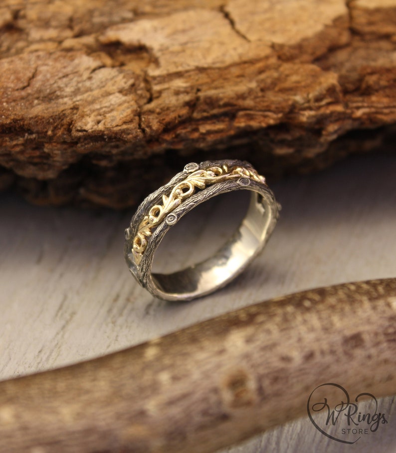 Gold Vine and Silver Tree bark Wedding Band in Vintage style