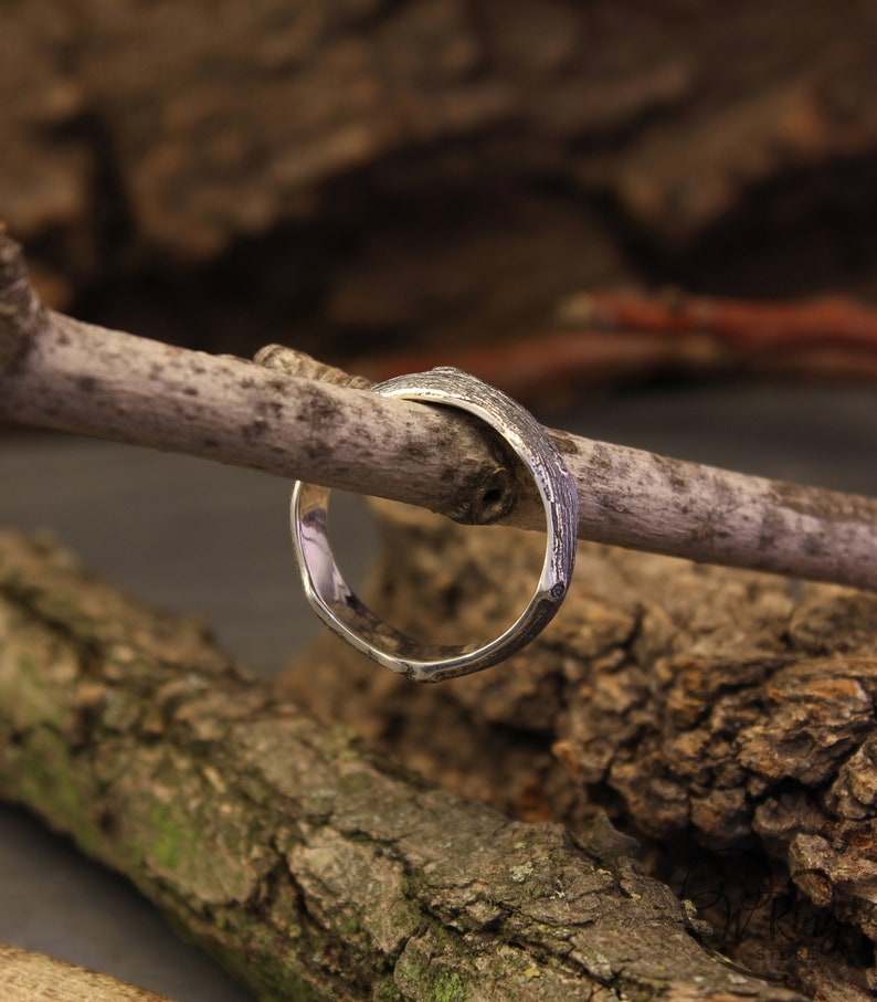 Unusual Tree bark and Stumps unisex Silver Wedding Band