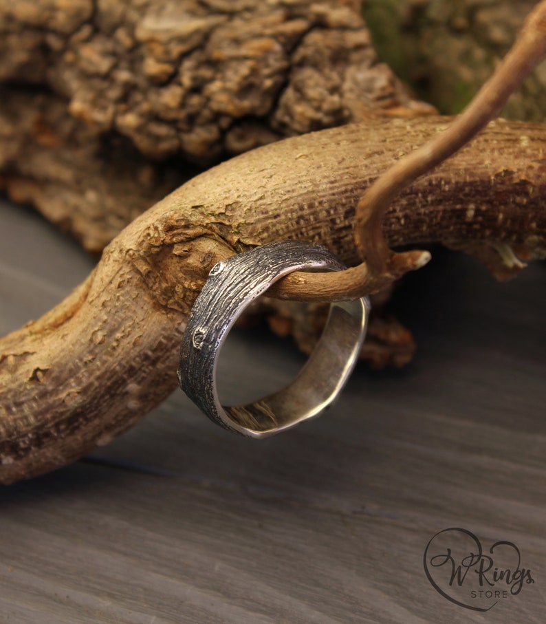 Unusual Tree bark and Stumps unisex Silver Wedding Band