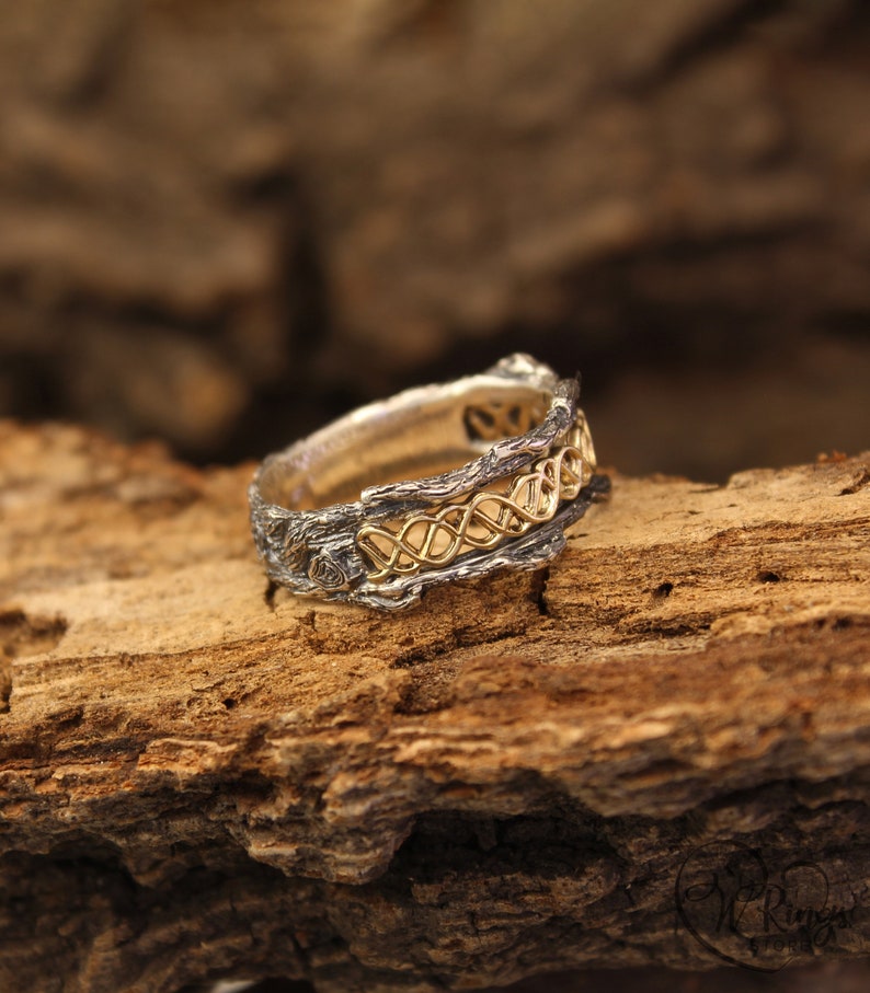 Mixed metals Wave Wedding Band with Tree bark texture