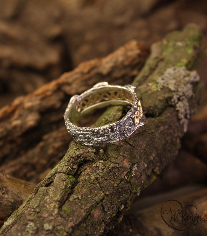 Mixed metals Wave Wedding Band with Tree bark texture