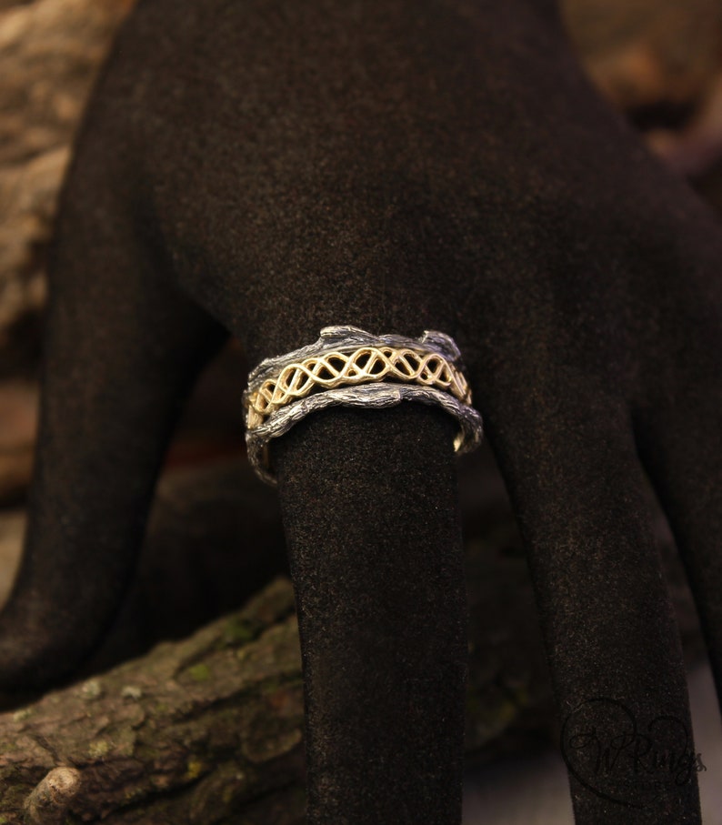 Mixed metals Wave Wedding Band with Tree bark texture