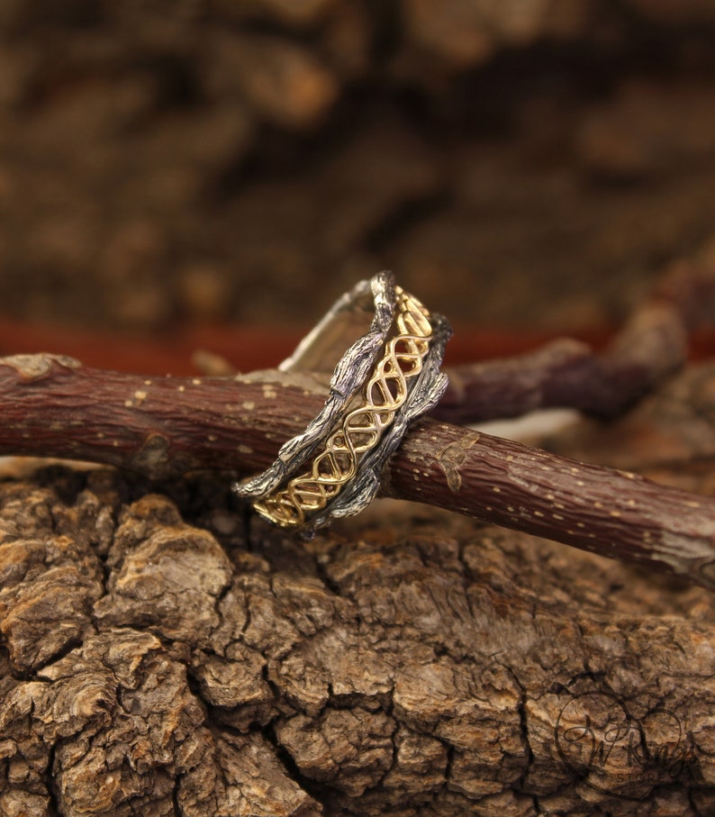 Mixed metals Wave Wedding Band with Tree bark texture