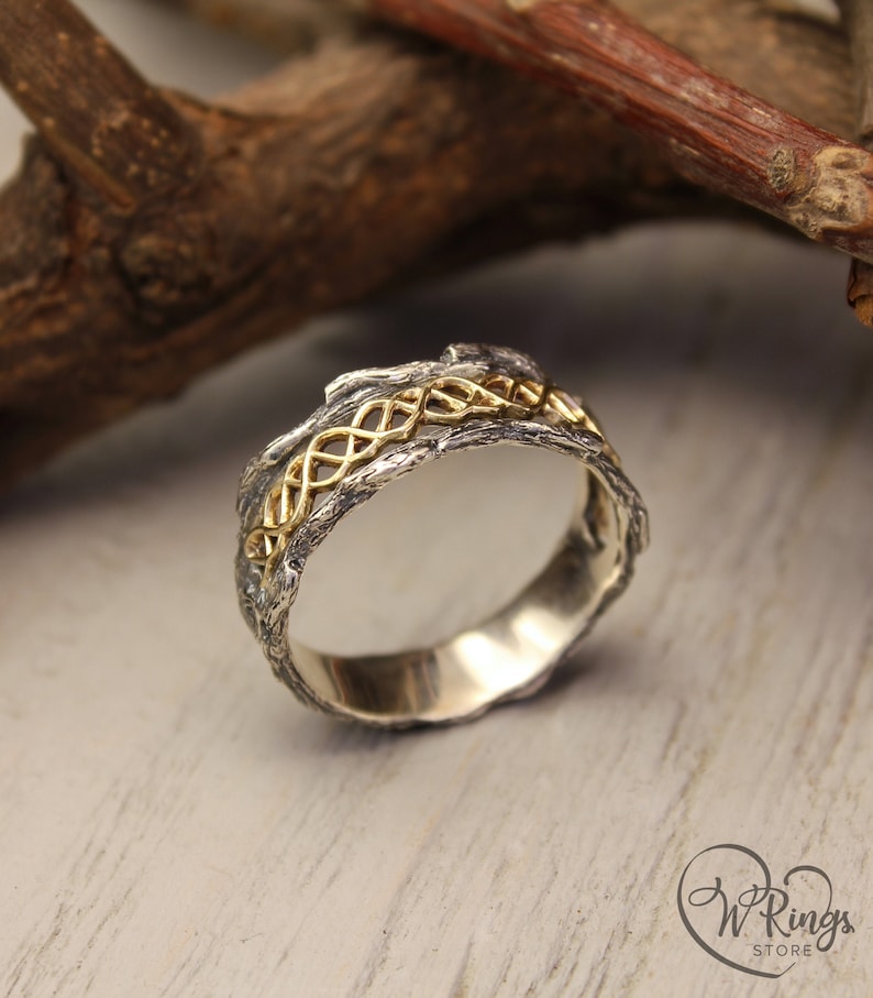 Mixed metals Wave Wedding Band with Tree bark texture