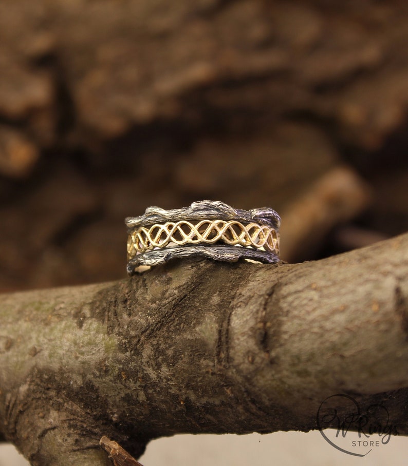 Mixed metals Wave Wedding Band with Tree bark texture