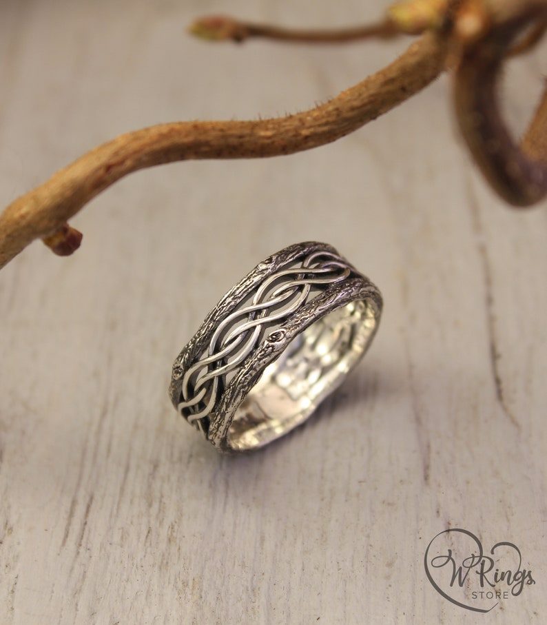 Silver Tree bark and Wavy lines Braided Wedding Band