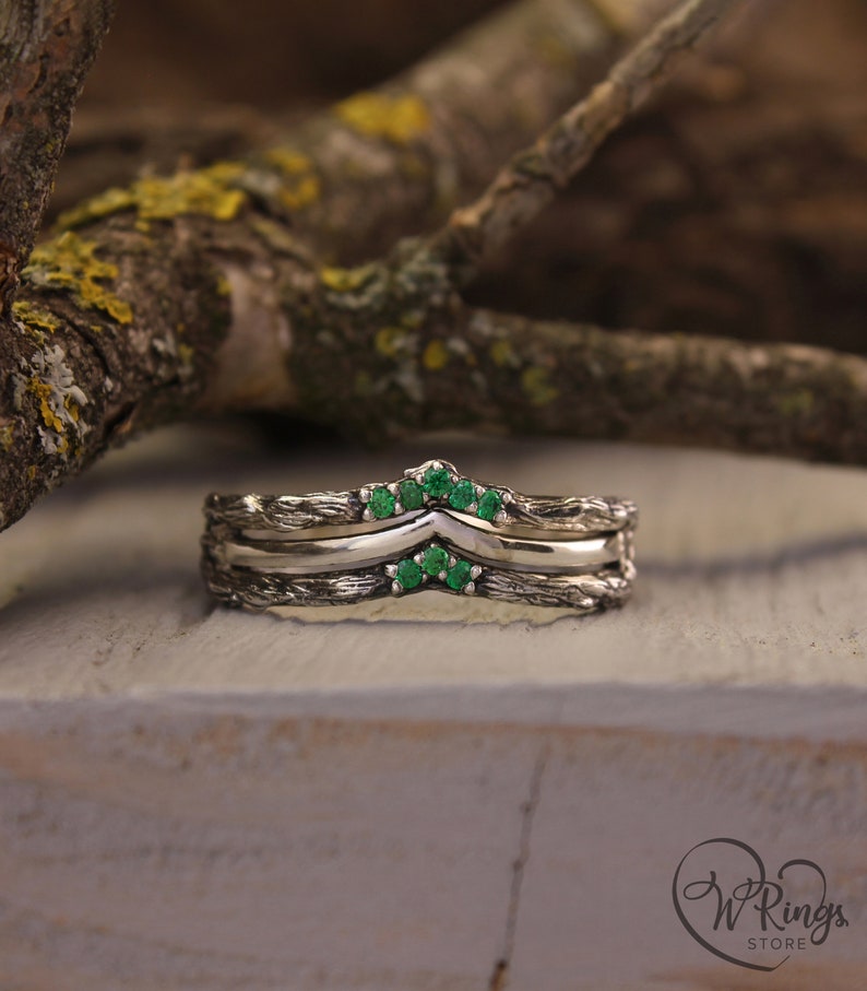 Silver Chevron Wedding Ring with Cute Tiny Emeralds