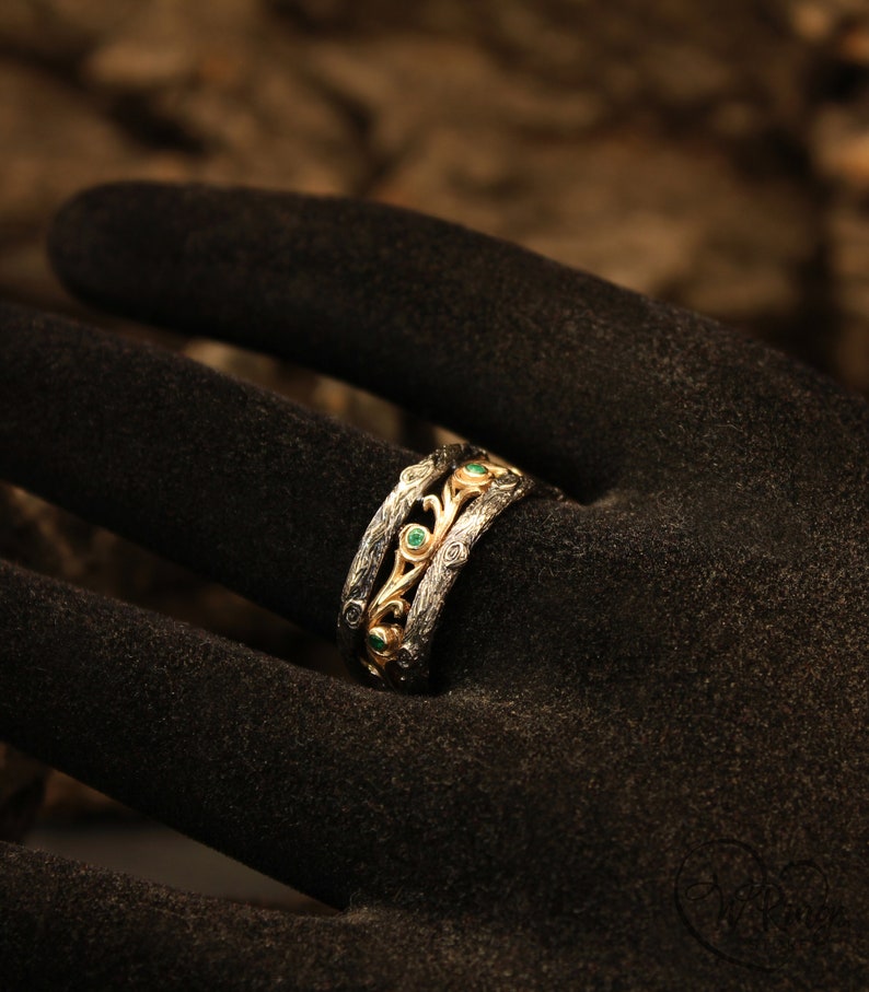 Emeralds in Vines & Tree bark Vintage Style Ring in Mixed metals