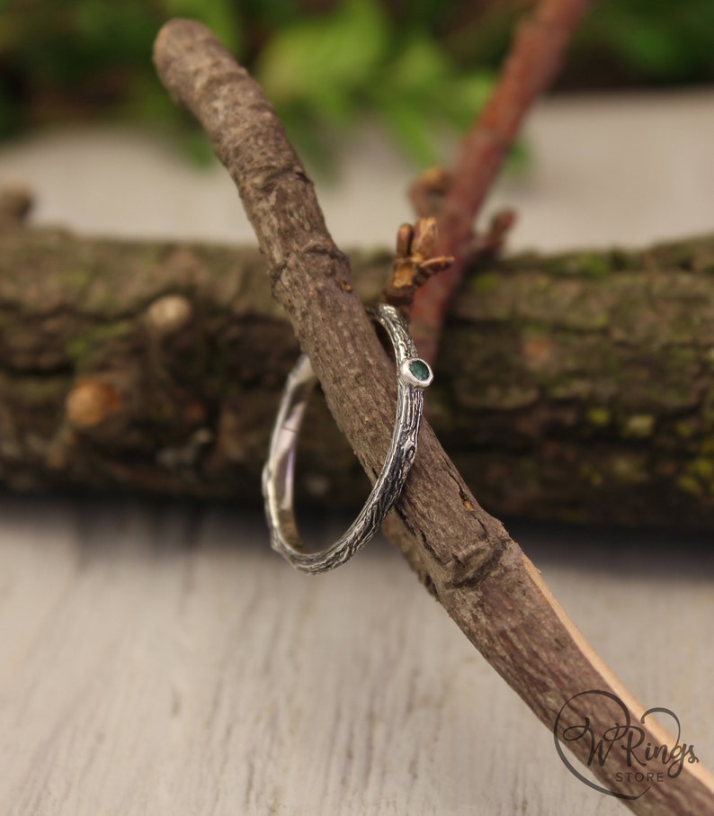 Extra Tiny Silver Branch Wedding Band with Emerald