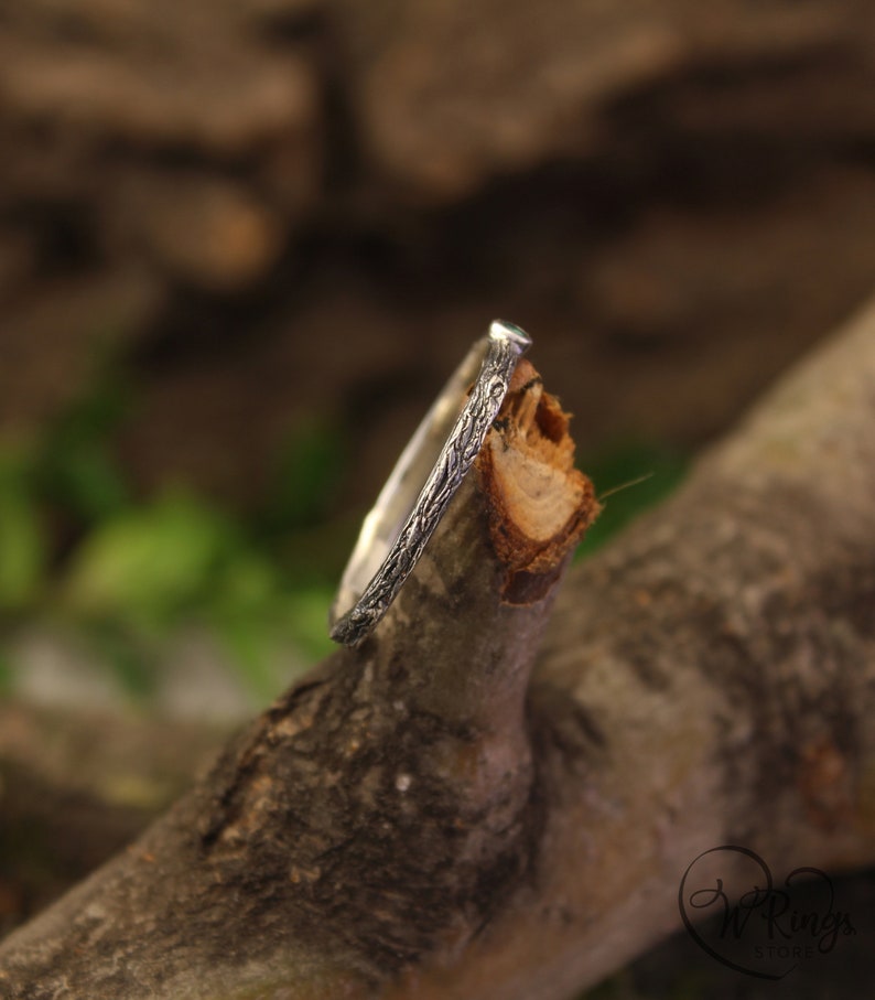 Extra Tiny Silver Branch Wedding Band with Emerald