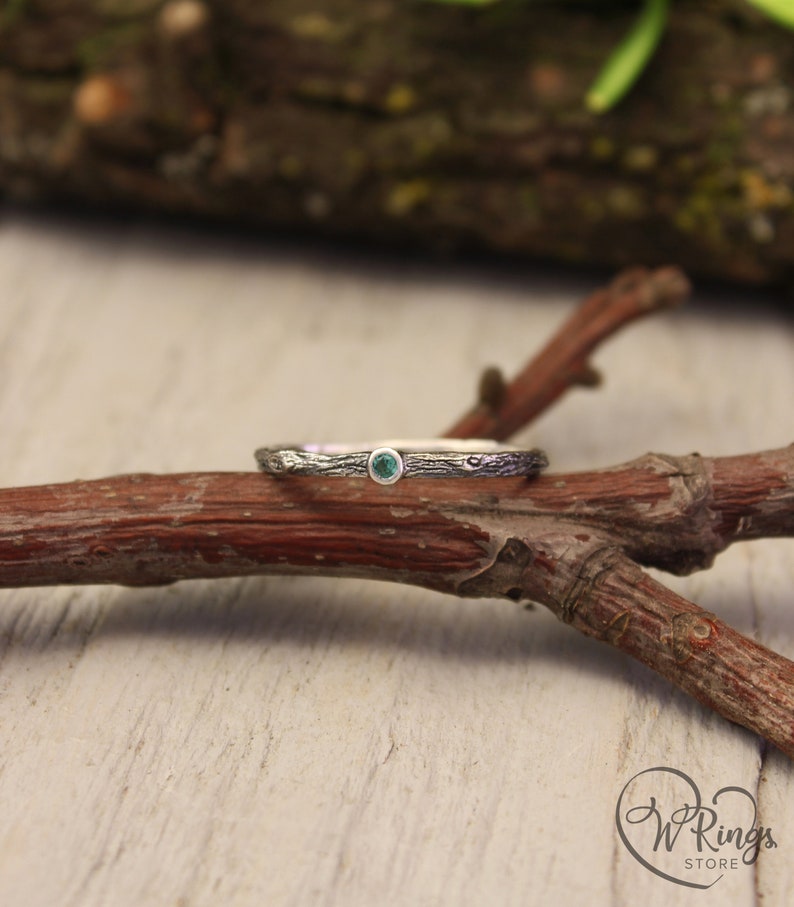 Extra Tiny Silver Branch Wedding Band with Emerald