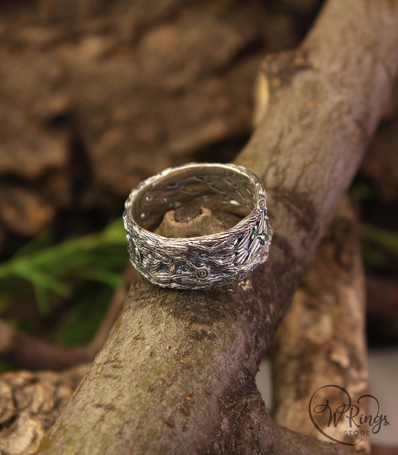 Silver Leaves and Branch Statement Wedding Band with Emeralds