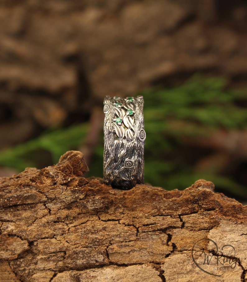 Silver Leaves and Branch Statement Wedding Band with Emeralds