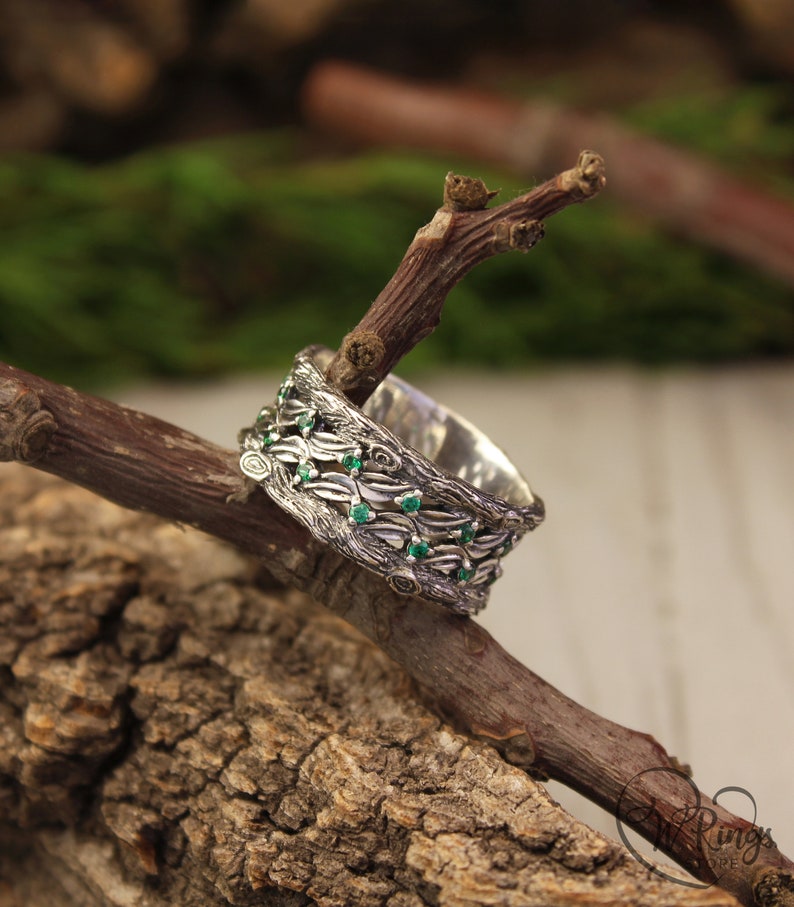 Silver Leaves and Branch Statement Wedding Band with Emeralds