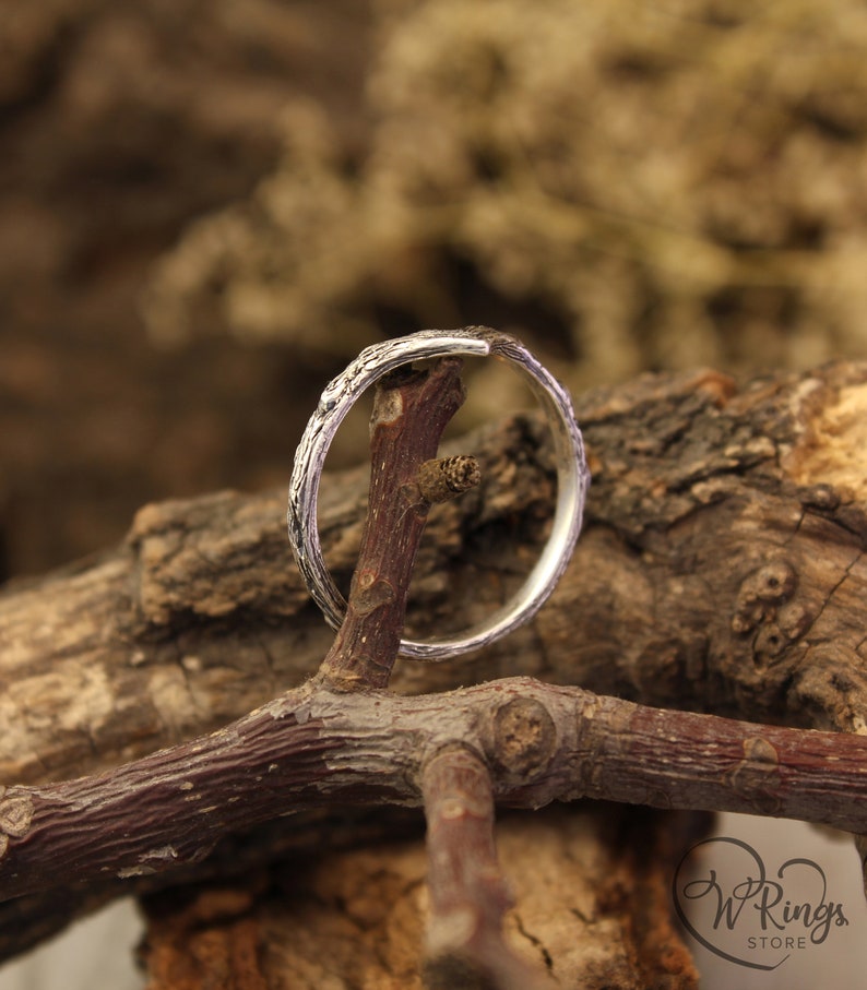 Tree bark Silver Simple Chevron Wedding Band