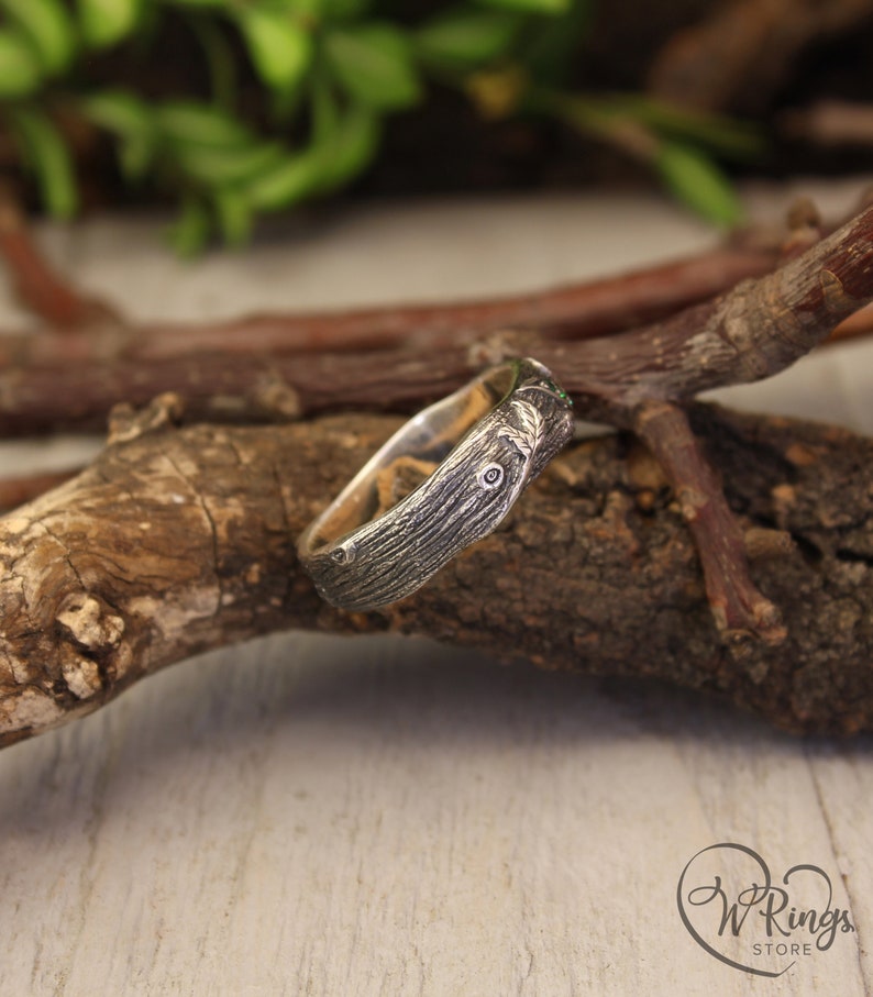 Rustic Style Silver Branch Ring band & Emeralds in Leaves