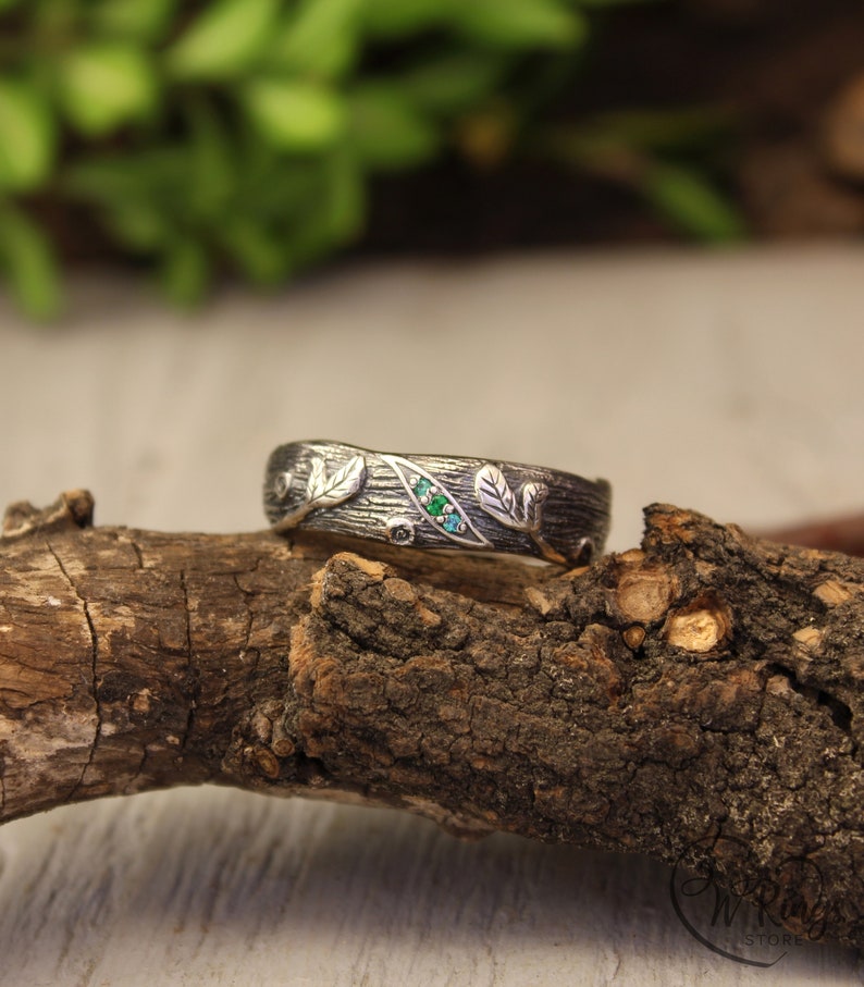 Rustic Style Silver Branch Ring band & Emeralds in Leaves