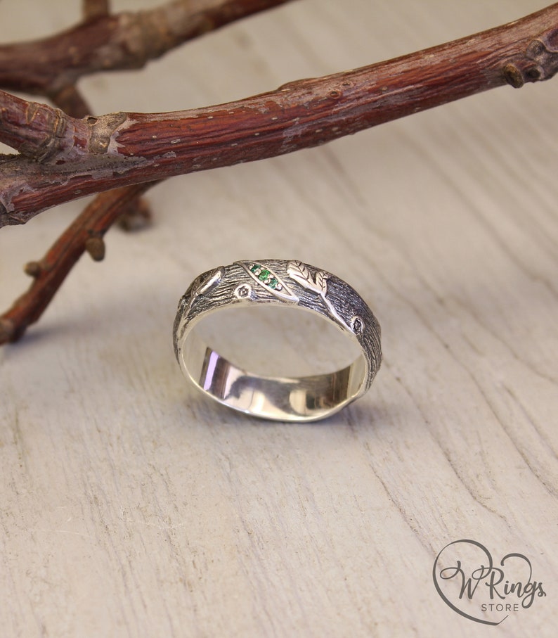 Rustic Style Silver Branch Ring band & Emeralds in Leaves