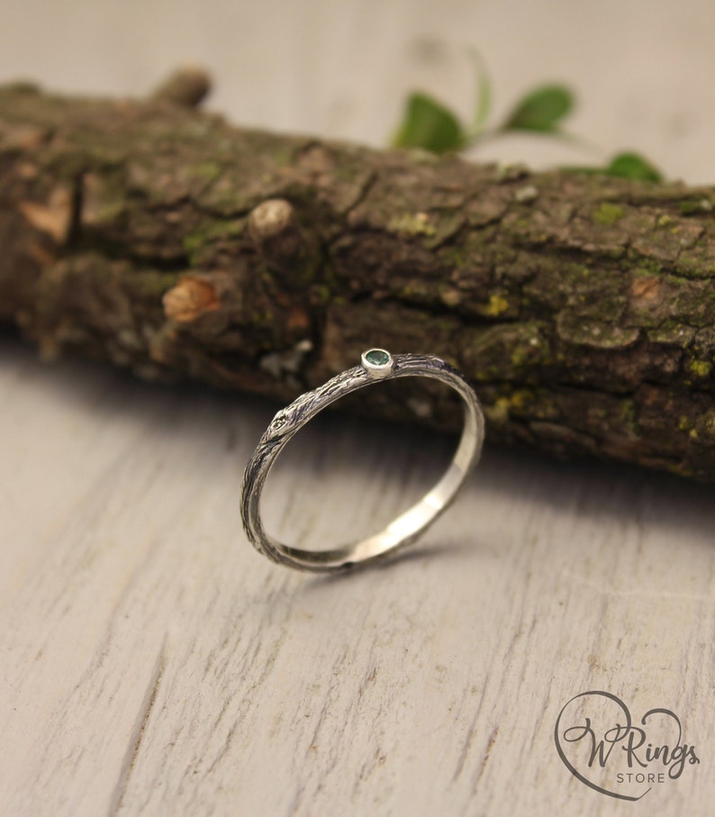 Extra Tiny Silver Branch Wedding Band with Emerald