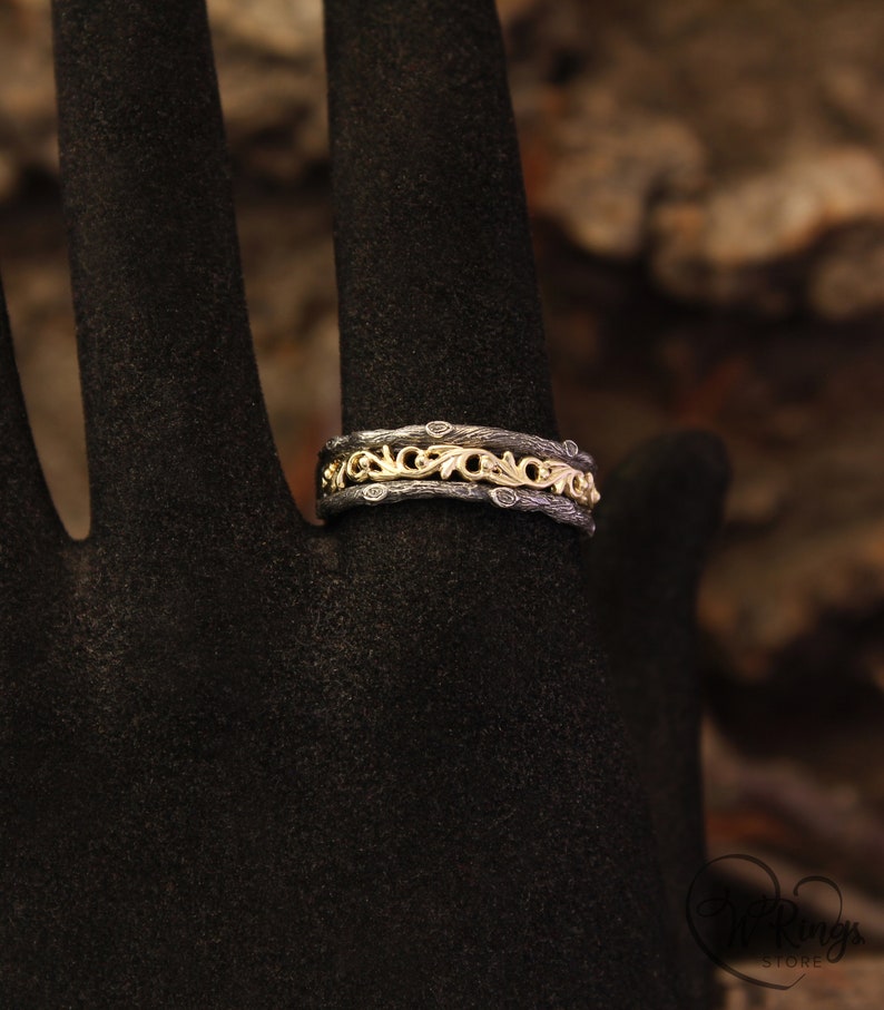 Gold Vine and Silver Tree bark Wedding Band in Vintage style