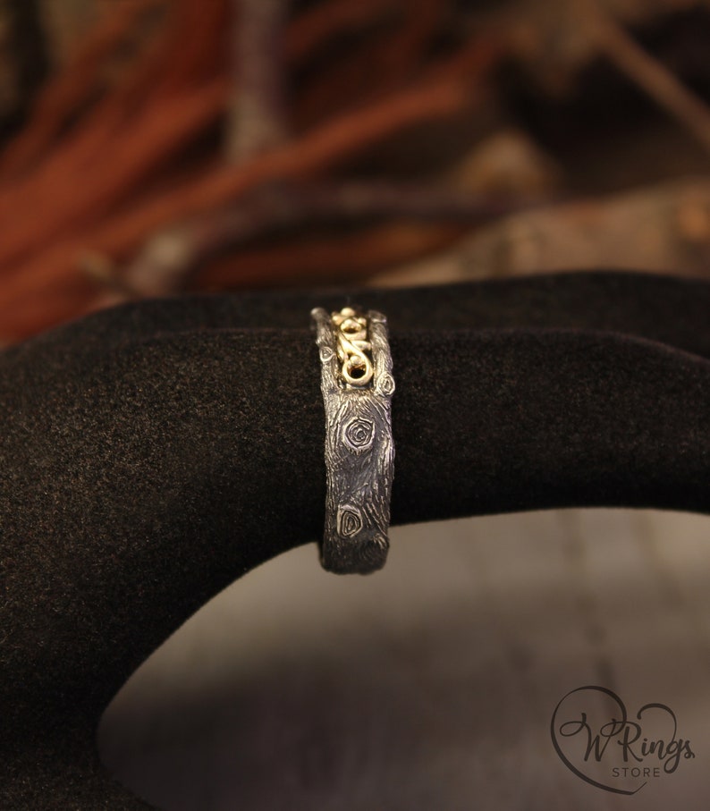 Gold Vine and Silver Tree bark Wedding Band in Vintage style