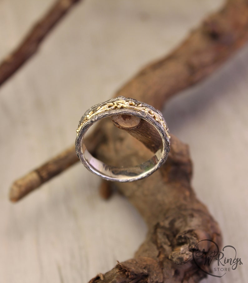 Gold Vine and Silver Tree bark Wedding Band in Vintage style