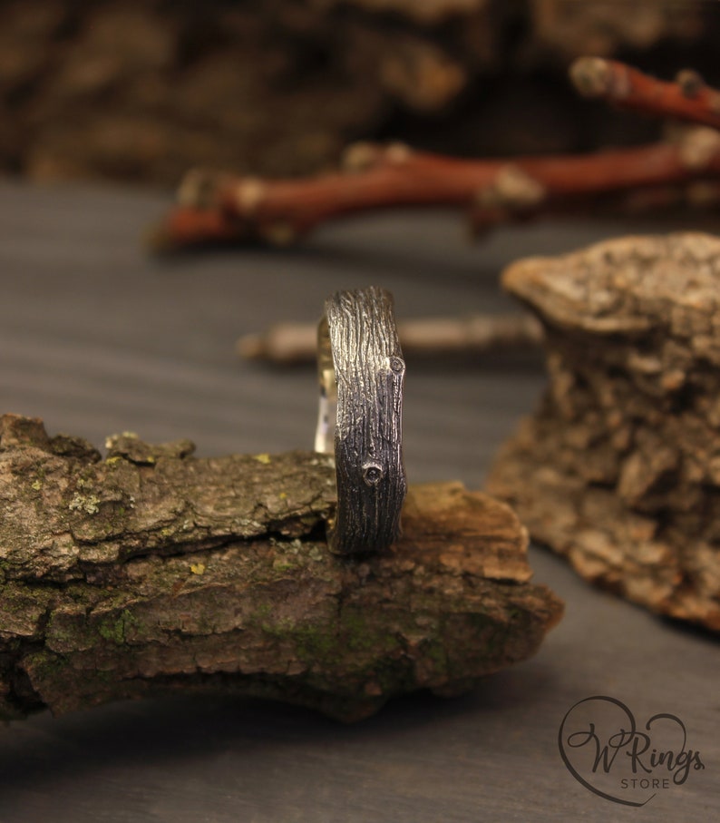 Unusual Tree bark and Stumps unisex Silver Wedding Band