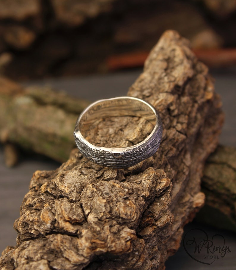 Unusual Tree bark and Stumps unisex Silver Wedding Band