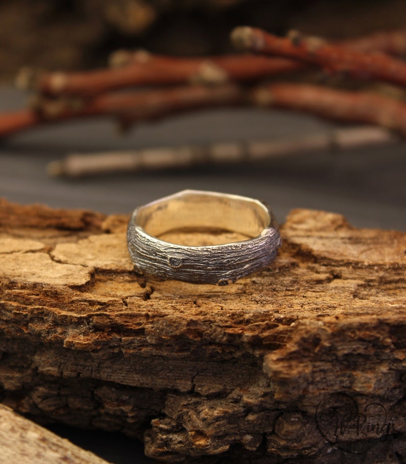 Unusual Tree bark and Stumps unisex Silver Wedding Band