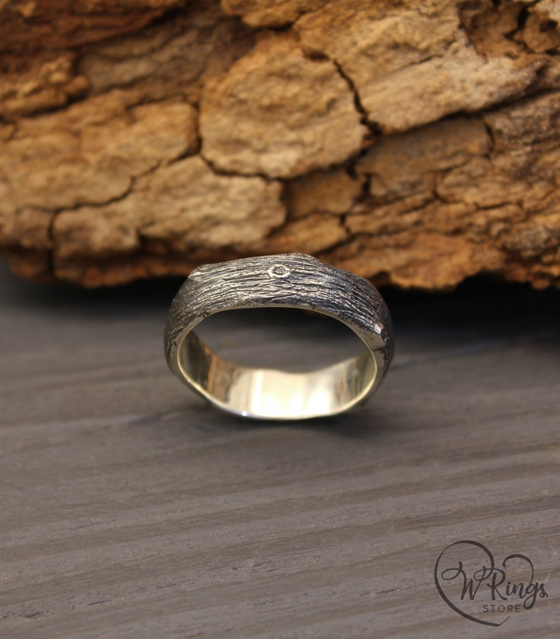 Unusual Tree bark and Stumps unisex Silver Wedding Band