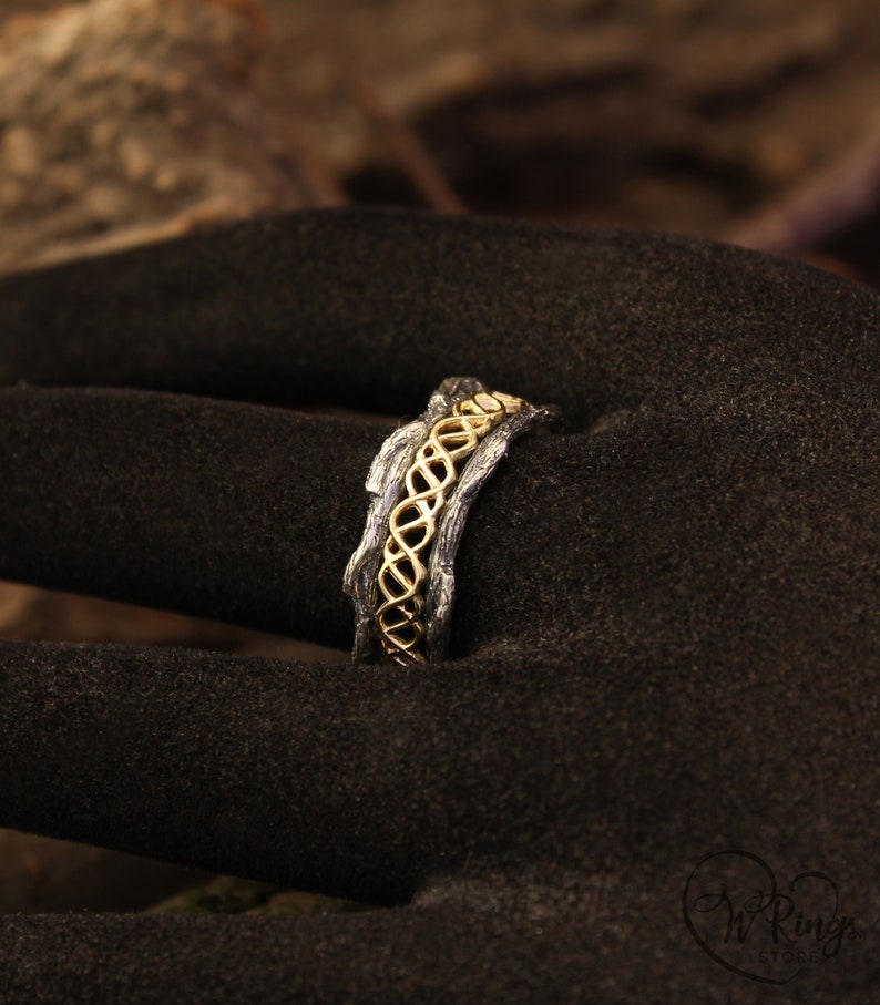 Mixed metals Wave Wedding Band with Tree bark texture