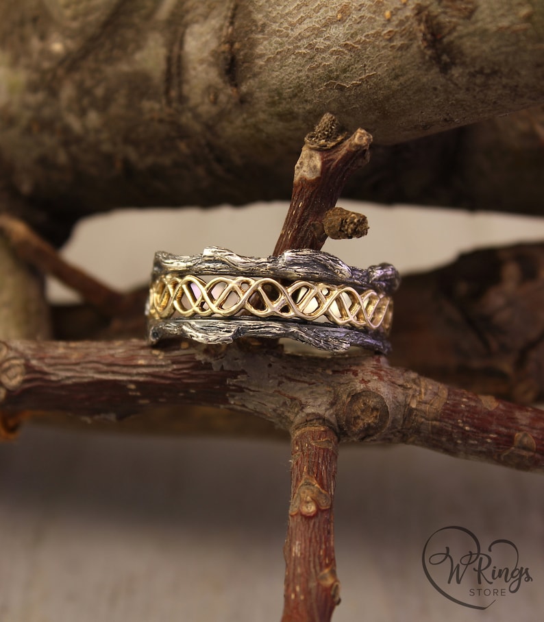 Mixed metals Wave Wedding Band with Tree bark texture