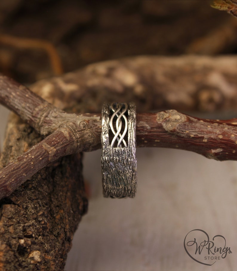 Silver Tree bark and Wavy lines Braided Wedding Band