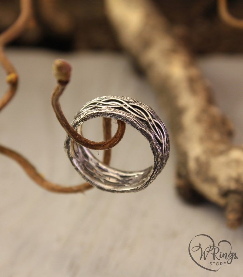 Silver Tree bark and Wavy lines Braided Wedding Band