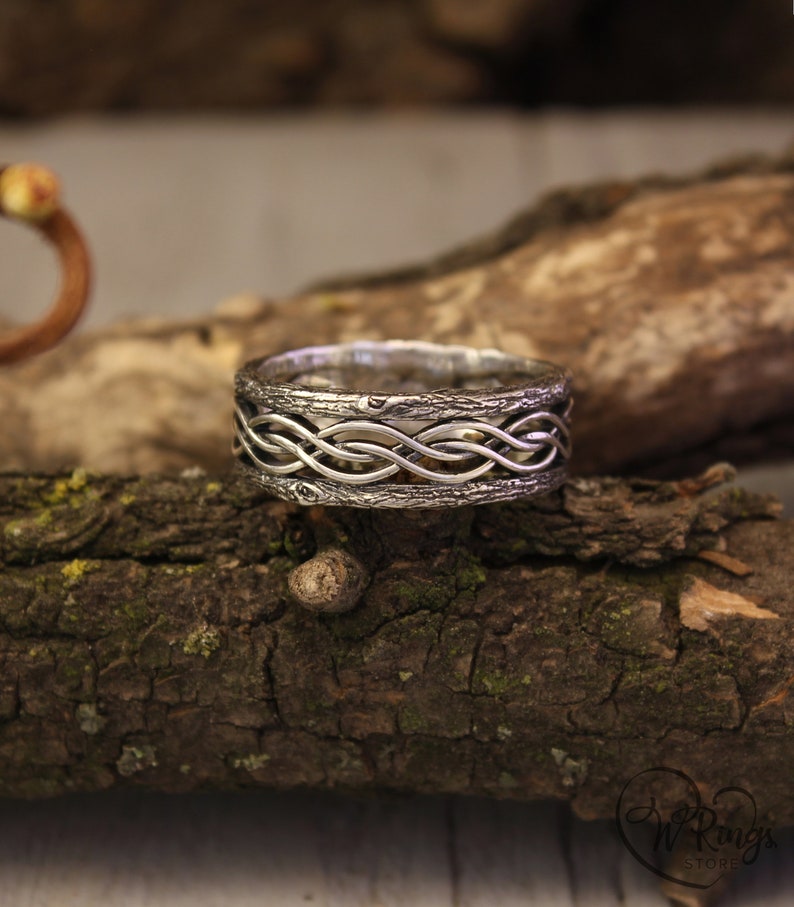 Silver Tree bark and Wavy lines Braided Wedding Band