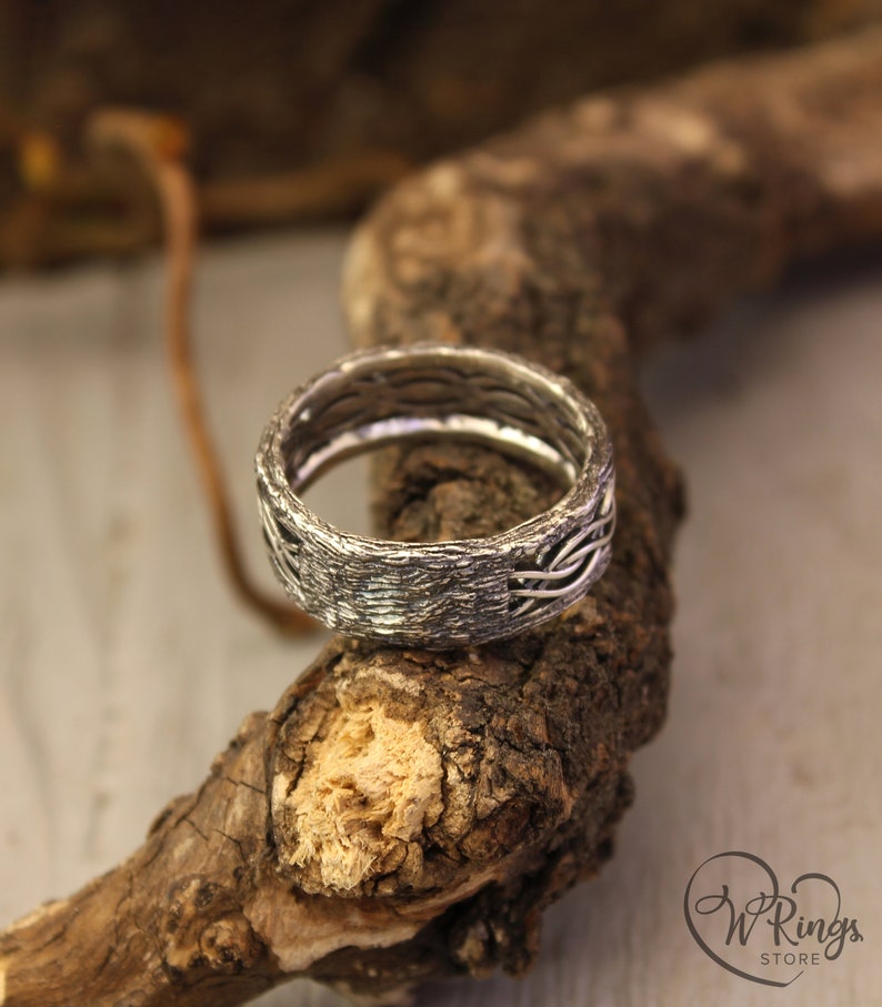 Silver Tree bark and Wavy lines Braided Wedding Band