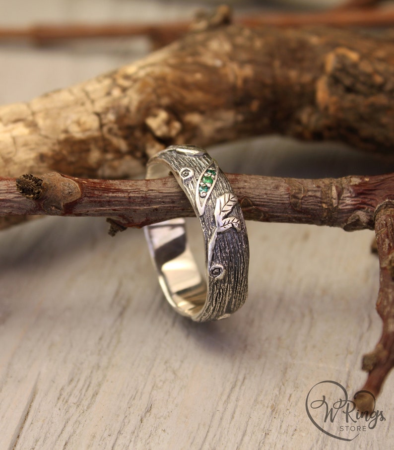 Rustic Style Silver Branch Ring band & Emeralds in Leaves