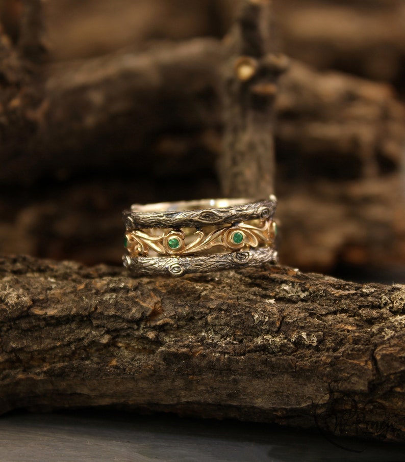 Emeralds in Vines & Tree bark Vintage Style Ring in Mixed metals