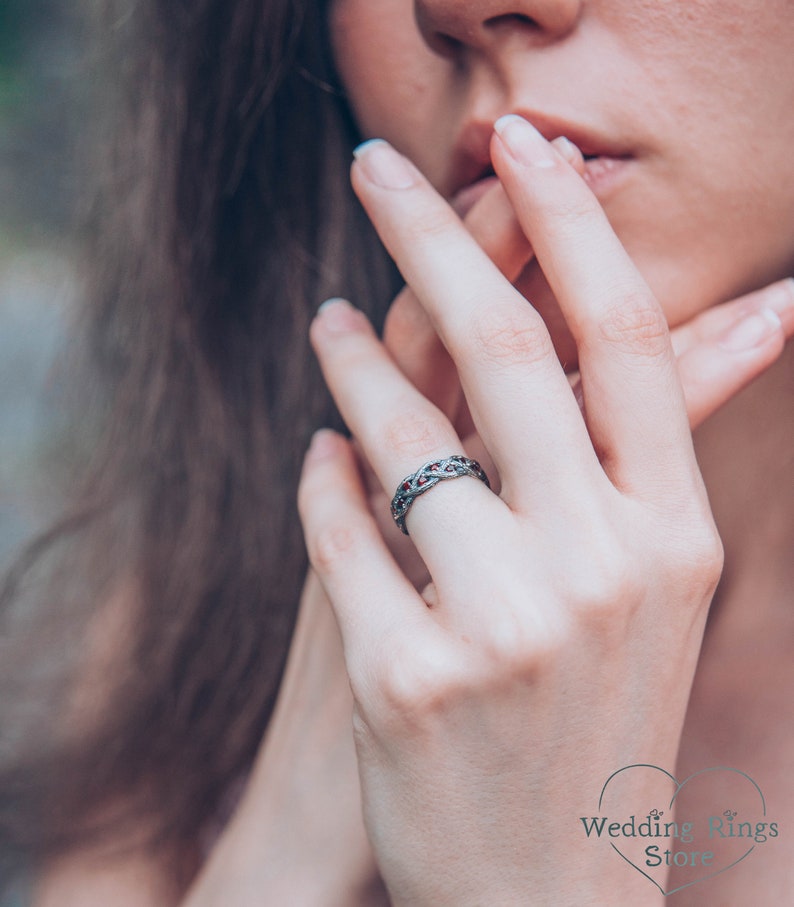 Twist Fine Silver Tree Wedding Band with Garnet