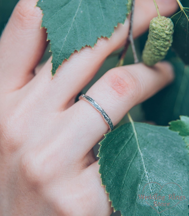 Simple Tree bark textured Sterling Silver Thin Wedding Band